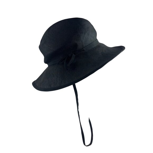 Vintage 60s Straw Sun Hat Womens Black Floppy With Chin Strap